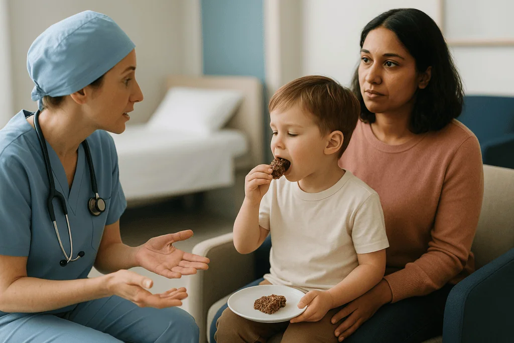 Healthcare provider discussing nutrition with child and parent: Who usually needs anesthesia as a child, and who is asked to