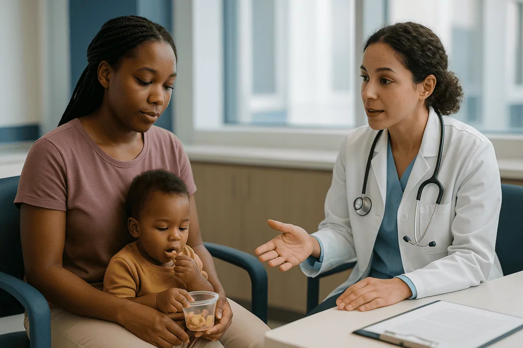 Pediatrician consulting mother and toddler in clinic: Who usually travels for care, and who is usually asked to wait