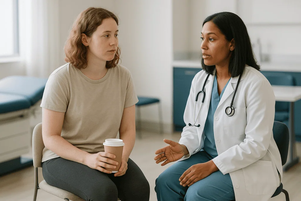 Doctor consulting with female patient in clinical setting: Who vaginoplasty is usually for, and who is usually asked to wait