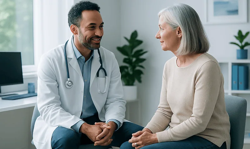 Doctor consulting with an elderly female patient in a bright clinic.