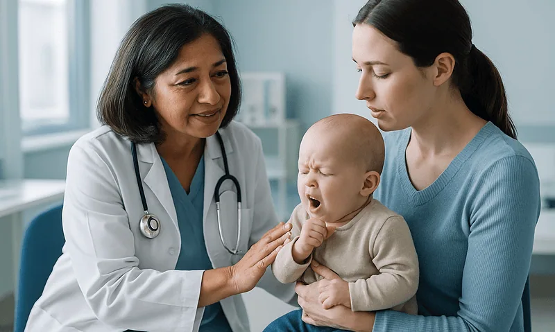 Pediatrician examining a crying baby with mother in clinic setting.