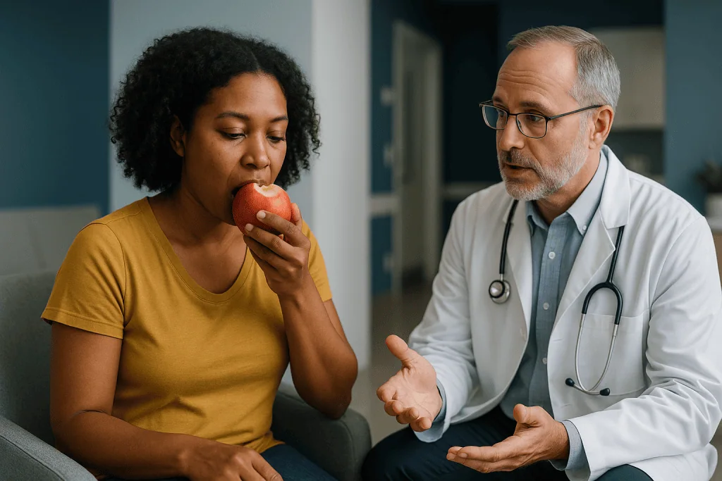 Doctor consulting patient holding apple, healthy eating advice: Why '100% absorption' is less impressive than it sounds