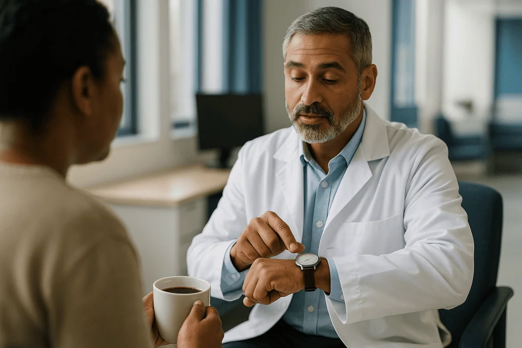 Doctor checking watch during patient consultation in office: Why a 3 pm coffee is still in your blood at midnight: the math