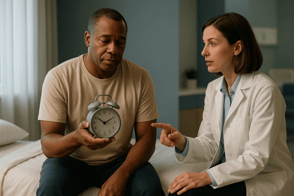 Doctor consulting patient about sleep issues, alarm clock: Why a fixed wake time is the anchor of the whole plan