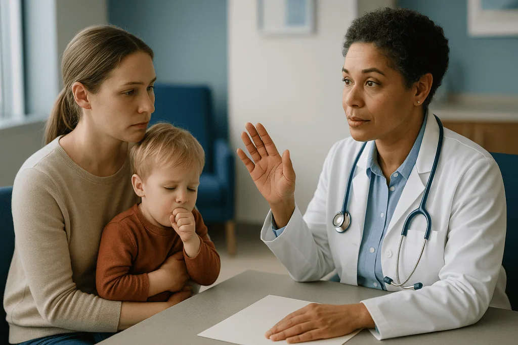 Female doctor consulting with mother and coughing child: Why a kids cough changes sound: three airways, three illnesses