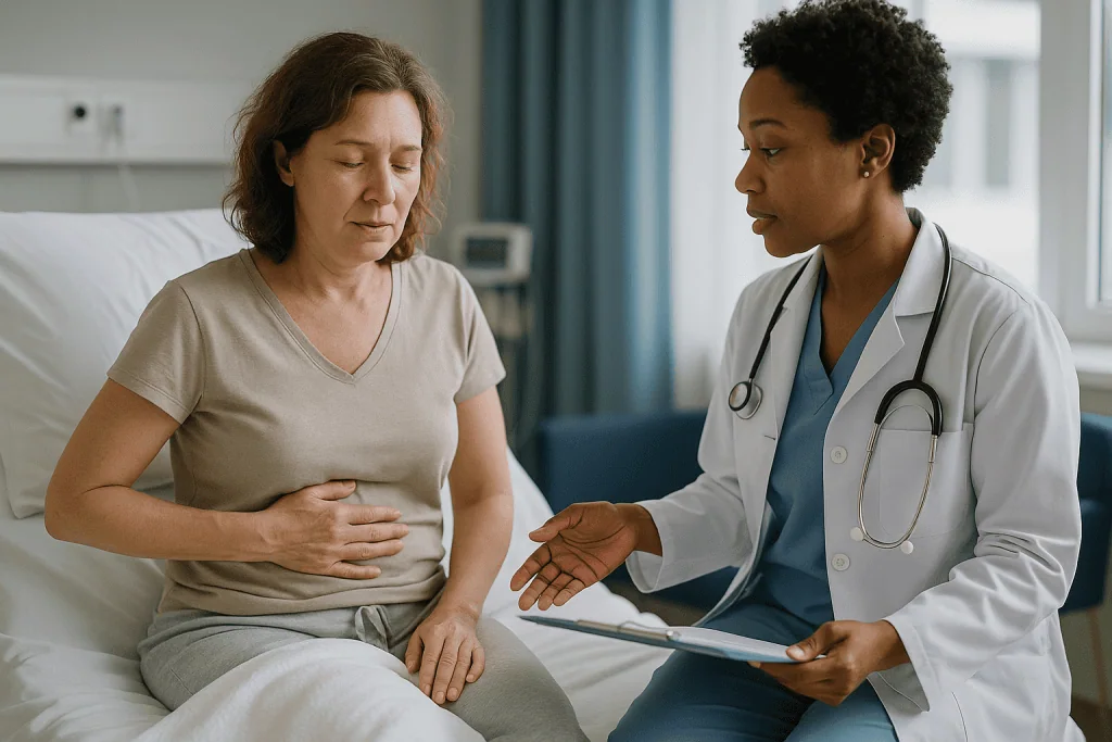 Doctor consulting patient about abdominal symptoms in hospital: Why a low grade fever after appendectomy is common in the fi