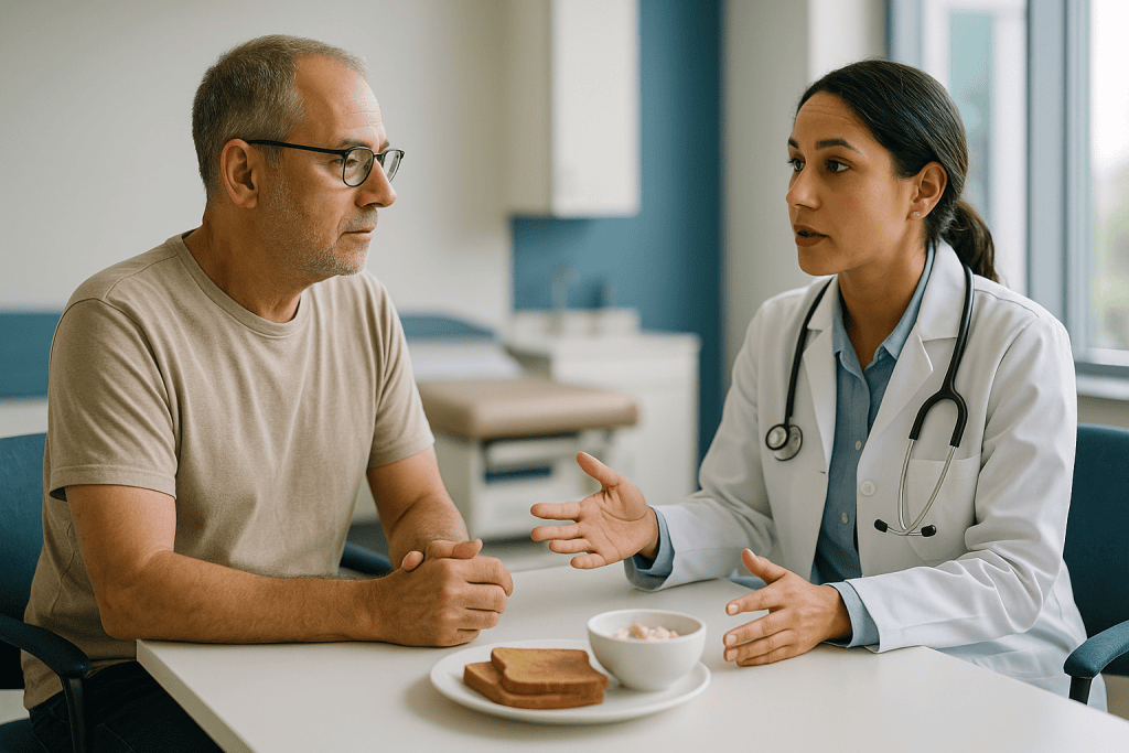 Doctor consulting male patient about diet and health: Why a morning testosterone test, and why before breakfast?