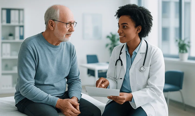 Doctor consulting with elderly patient in a medical office.