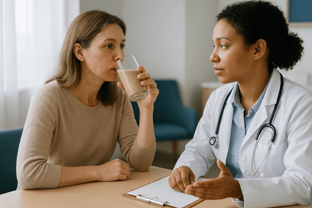 Doctor consulting with patient in clinical office setting: Why adult acne shows up after 25, and sometimes after 40