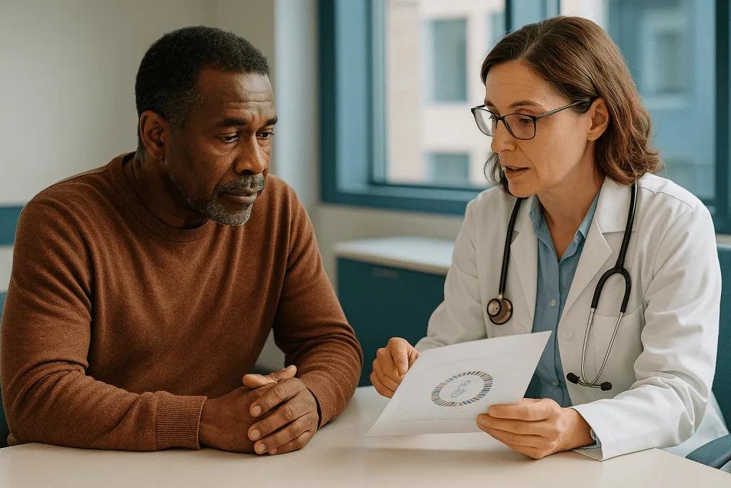 Doctor consulting with male patient over medical chart: Why AML genetic testing comes before treatment decisions