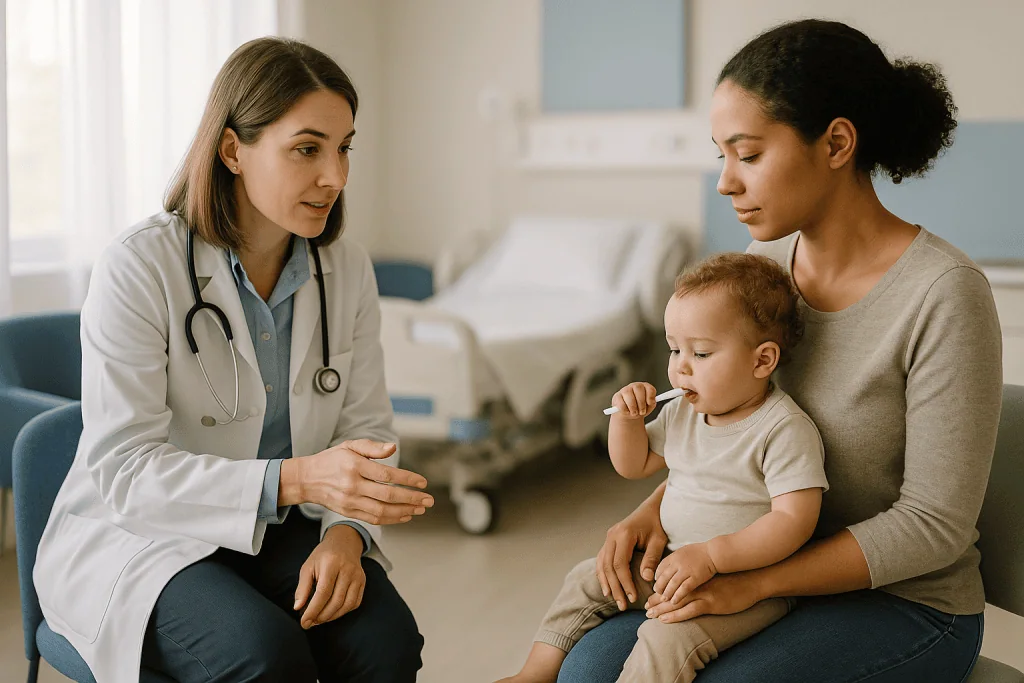 Pediatrician consulting mother and infant in clinical setting: Why are babies and toddlers at higher risk from salmonella?
