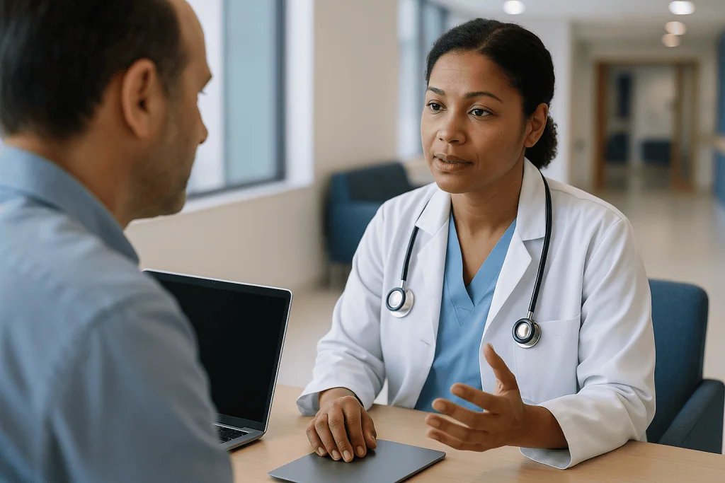 Doctor consulting with patient using laptop in clinical setting: Why are doctors switching to AI scribes so quickly?