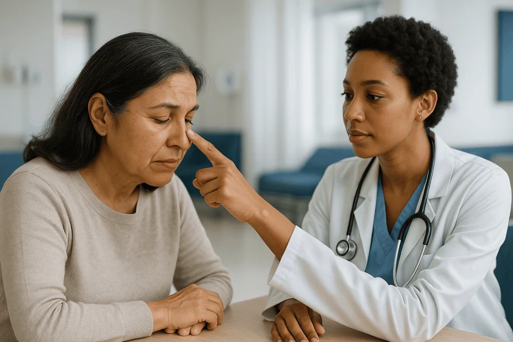 Doctor examining patient's face during medical consultation: Why are sebaceous filaments on the nose so visible?