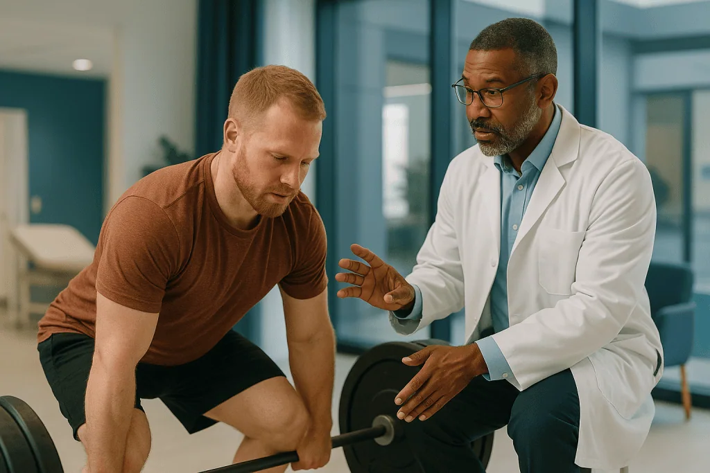 Doctor consulting with male patient holding dumbbell: Why athletes and heavy lifters herniate discs in the first place