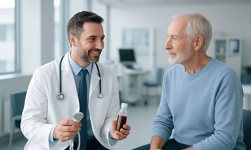 Doctor discussing blood test results with senior male patient in clinic.