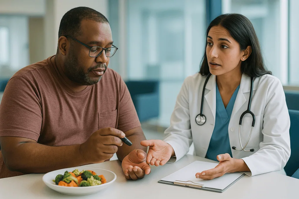 Doctor consulting patient about diet and health: Why blood sugar often changes before the weight does