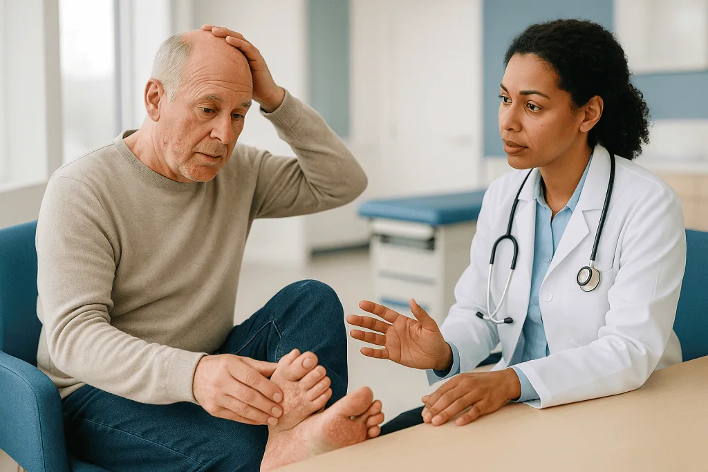Doctor consulting senior patient about skin condition: Why body areas change the plan: scalp, face, folds, nails, hands and 