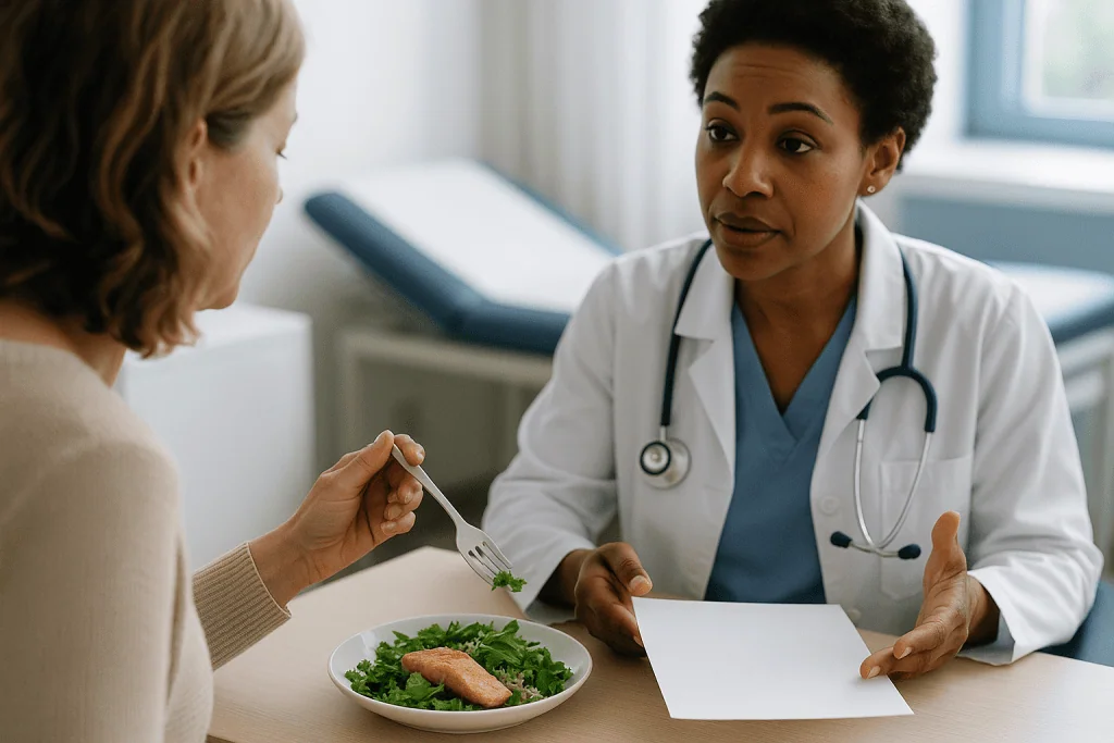Doctor consulting patient about healthy diet with food: Why CA-125 misses early disease and flags benign conditions