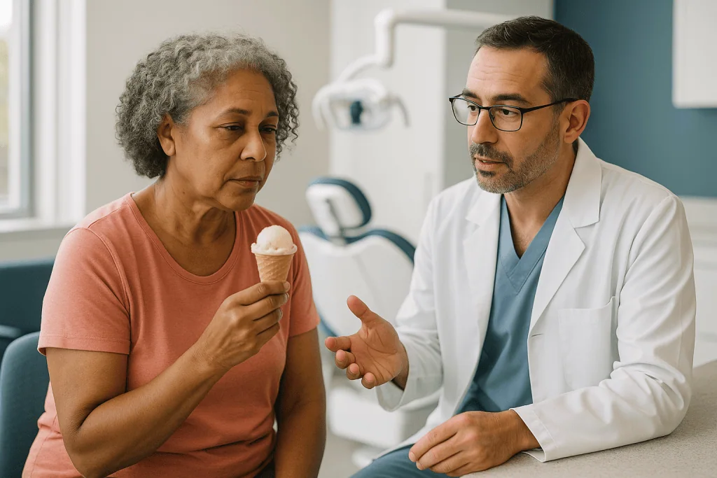 Dentist consulting patient holding ice cream cone: Why dentists recommend removing a tooth, and who is usually asked to wait