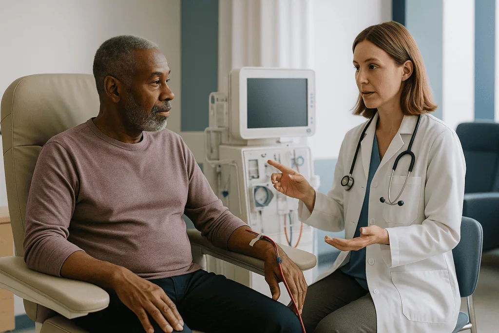 Doctor consulting patient with dialysis access visible: Why dialysis session settings are part of the bone treatment