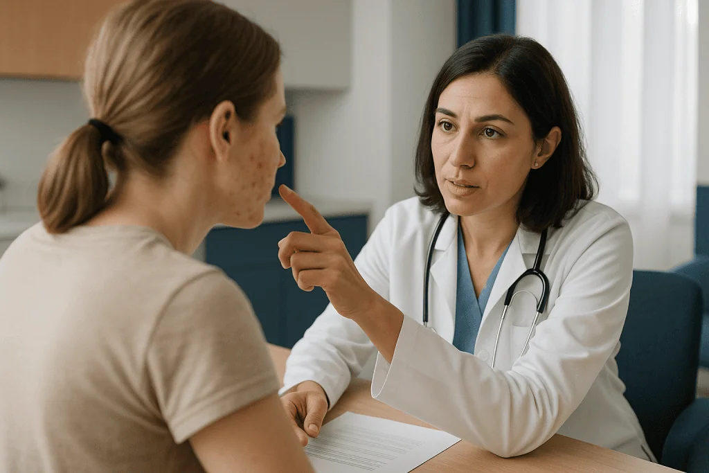 Doctor consulting patient in office setting: Why do acne scars form in the first place?