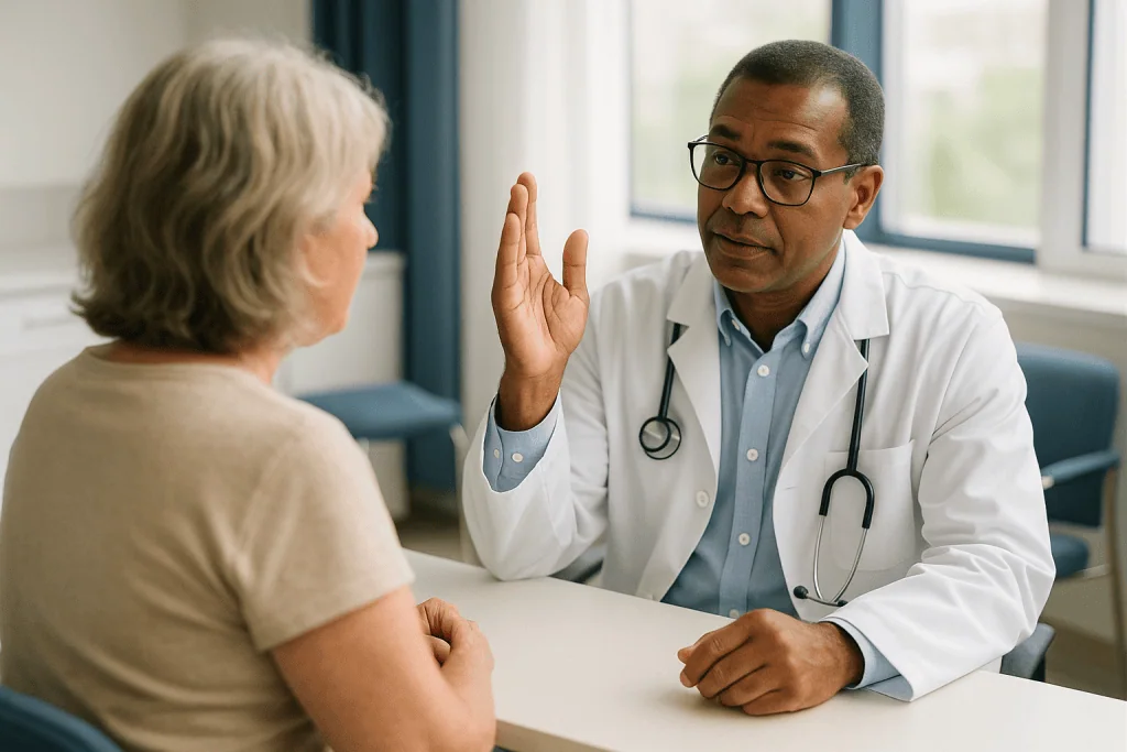 Doctor and older patient in consultation conversation: Why do hot flashes at night peak after midnight?