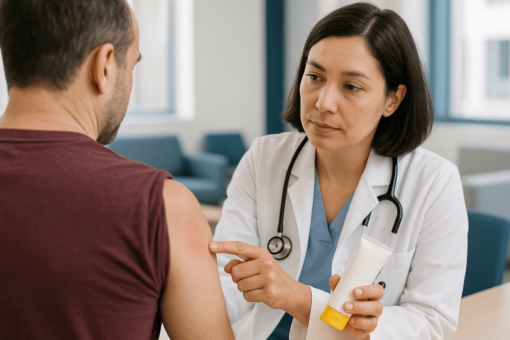 Doctor examining patient shoulder, clinical consultation: Why do I burn with SPF 50 but not 30?