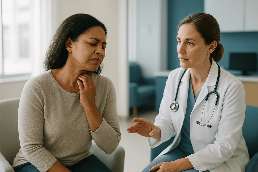 Doctor consulting patient in clinical office setting: Why do I get itchy when I'm stressed? The mast cell connection