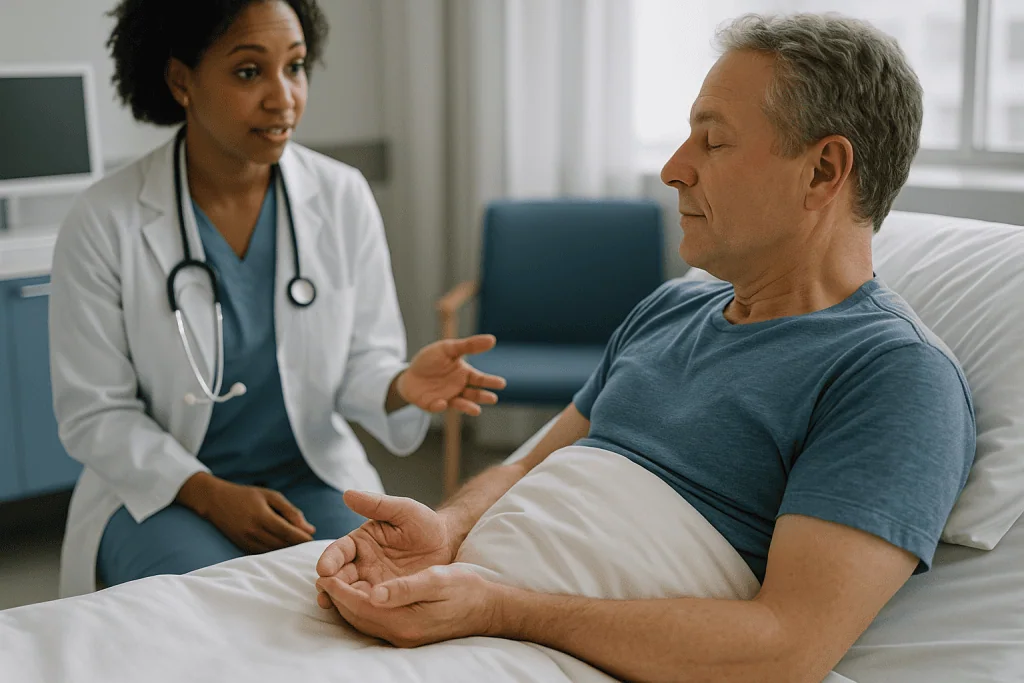 Doctor consulting male patient in clinical examination room: Why do I sleep better in a cold room? Warm hands, cool core