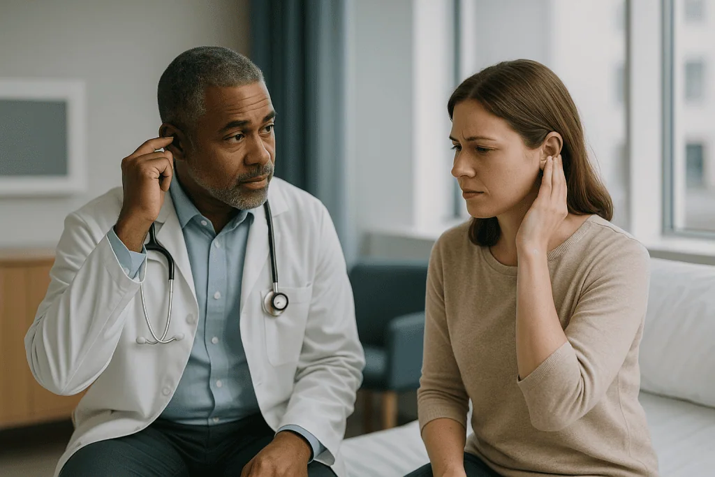 Doctor consulting with patient about ear problem: Why do my ears pop, and what does the pop mean?