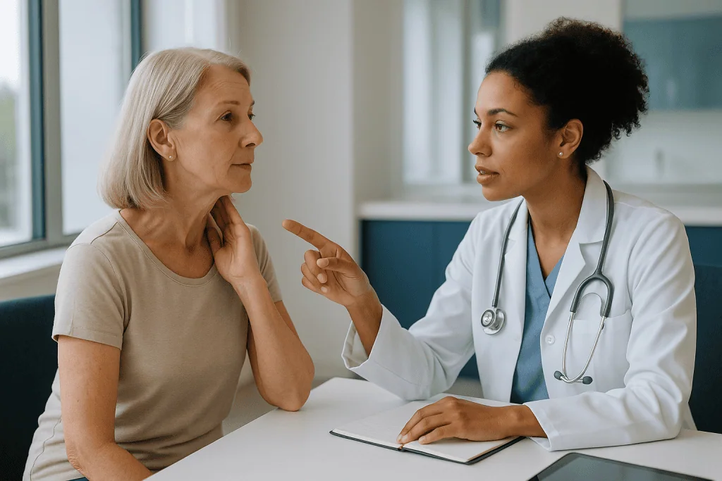 Doctor consulting with older female patient at desk: Why do neck lines show up before the face catches up?