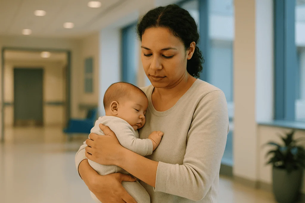Mother holding sleeping newborn infant in hospital corridor: Why do new parents get de Quervain's tenosynovitis postpartum?