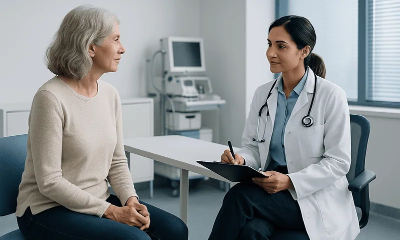 Why Do Pelvic Floor Assessment and Urodynamic Testing Come Before Prolapse Surgery? 5 Doctor consulting with an elderly female patient in a medical office.