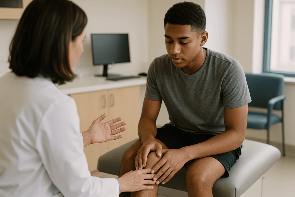 Adult physician examining adult patient's knee in clinic: Why do people get Osgood-Schlatter? The risk factors that matter m