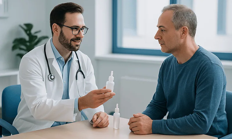 Doctor explaining saline rinse to patient after FESS procedure.