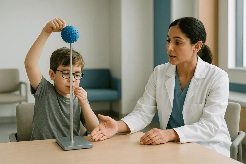 Pediatric therapist demonstrating exercise model with child: Why do therapists send cerebral palsy home exercises instead of