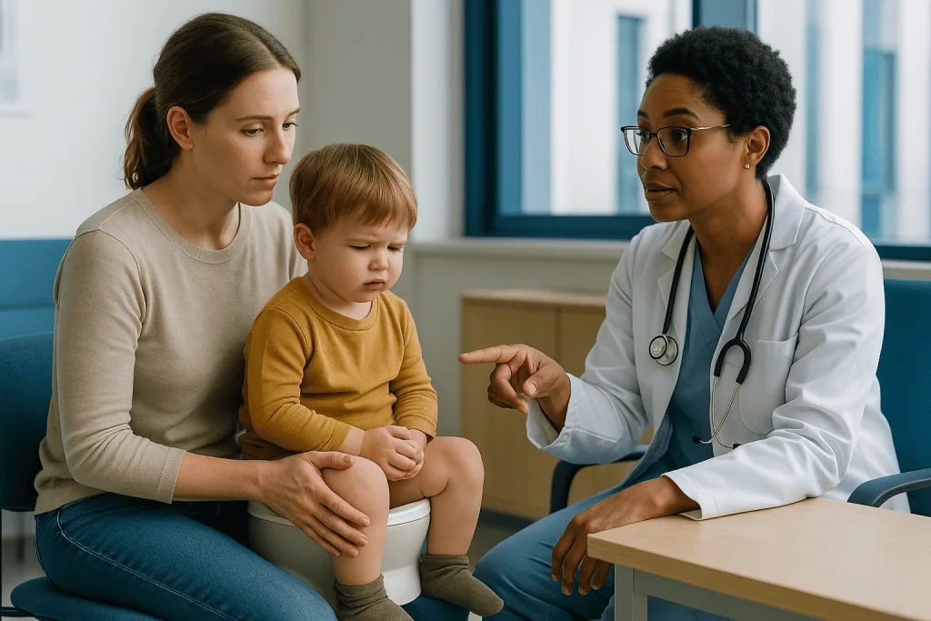 Pediatrician consulting with mother and toddler patient: Why do toddlers get constipated? The withholding cycle explained