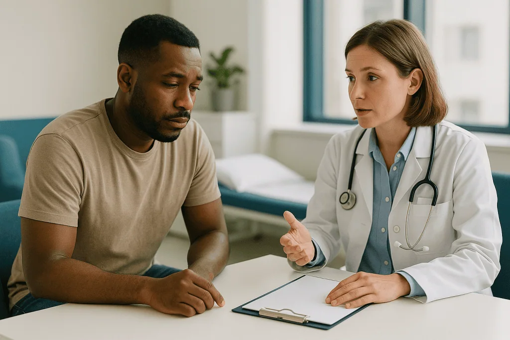 Doctor consulting with male patient in clinical setting: Why do vasectomies fail? The four usual causes