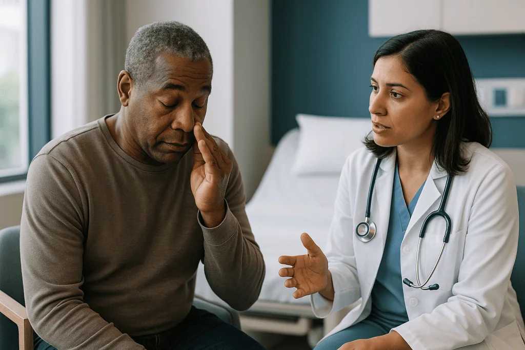 Doctor consulting male patient in clinical setting: Why does a blocked tear duct cause watering, and sometimes infection?