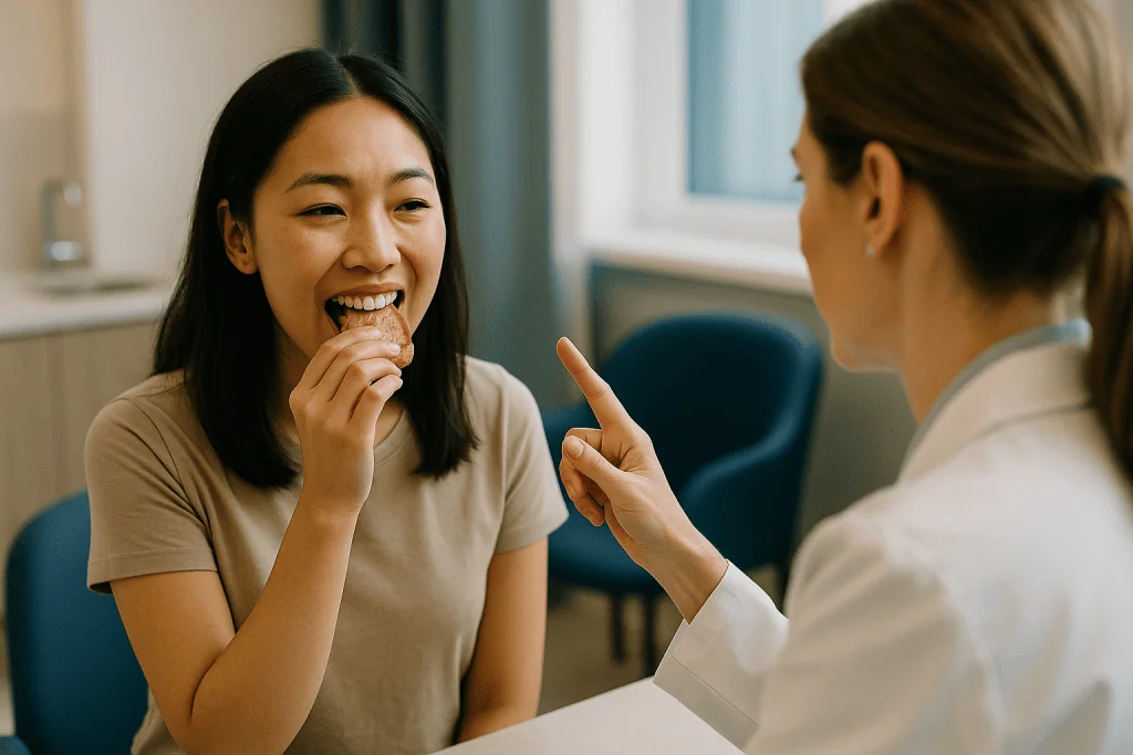 Two women eating cookies in an office break room: Why does a gummy smile happen in the first place?