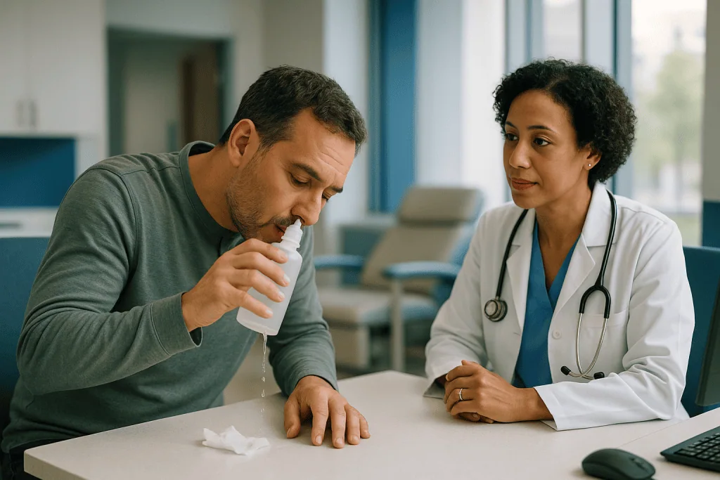 Doctor consulting patient in clinical office setting: Why does a saline rinse after FESS matter more than it does for an uno