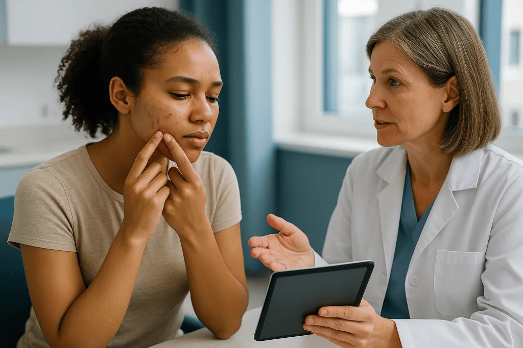 Doctor consulting patient about skin condition with tablet: Why does acne form? The four-step mechanism behind every breakou