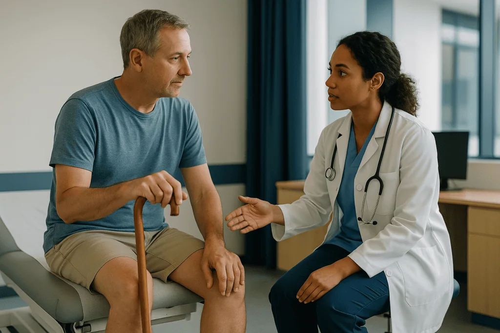 Doctor consulting male patient about knee injury: Why does arthroscopy recovery by joint differ so much?
