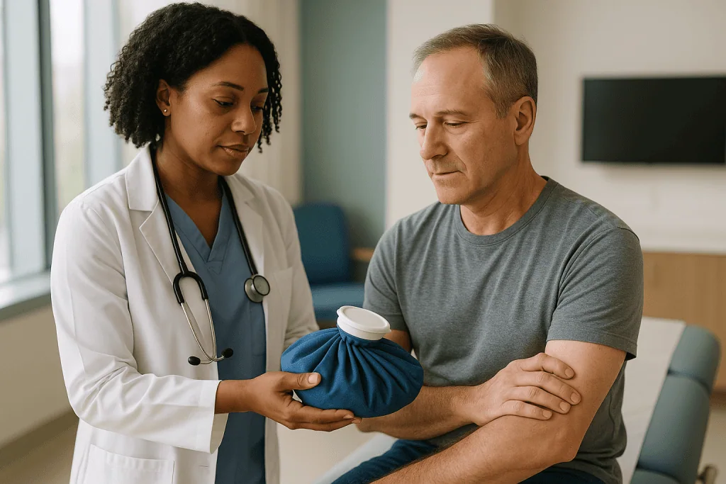 Doctor applying ice pack to patient's shoulder injury: Why does extreme cold kill cells? The biology of the ice ball