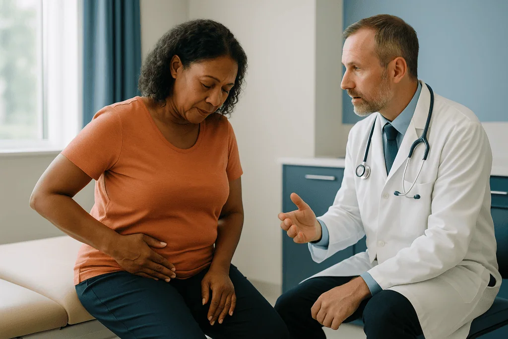 Doctor consulting patient about abdominal pain or discomfort: Why does fluid collect after surgery in the first place?