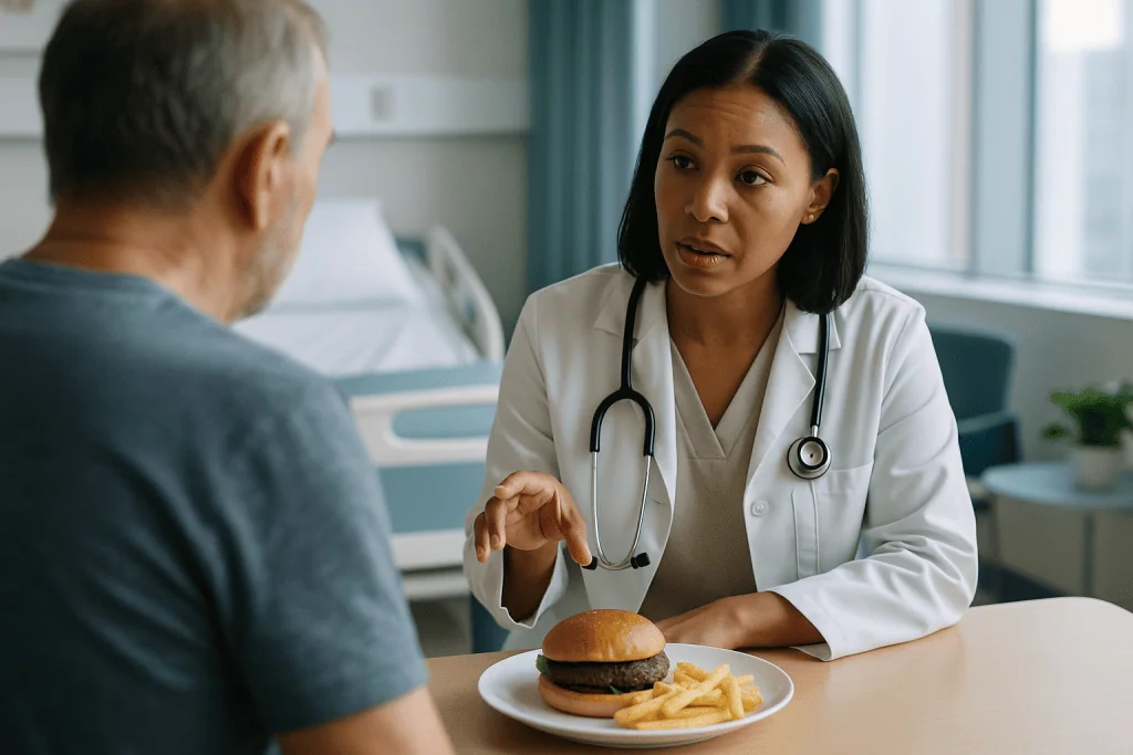 Doctor discussing burger and fries with patient: Why does food trigger acid reflux in the first place?