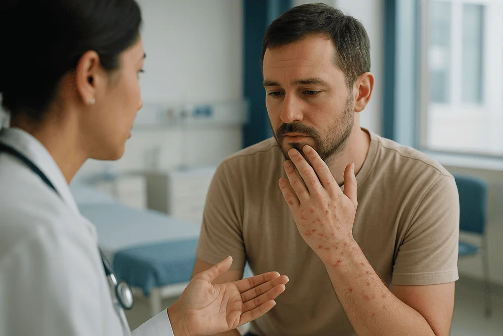 Adult patient with rash consulting female doctor: Why does it hit adults harder?
