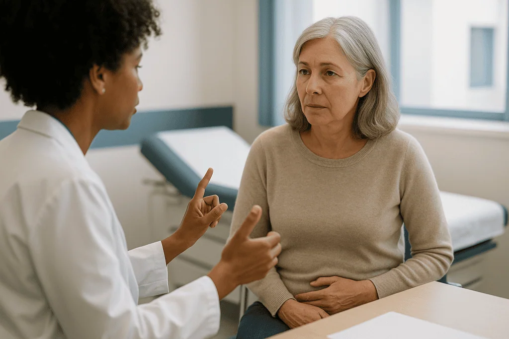 Doctor consulting with older female patient in clinical setting: Why does losing estrogen affect the bladder and urethra too