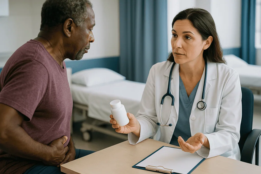 Doctor consulting with male patient in hospital room: Why does magnesium cause loose stools, and why does glycinate cause fe