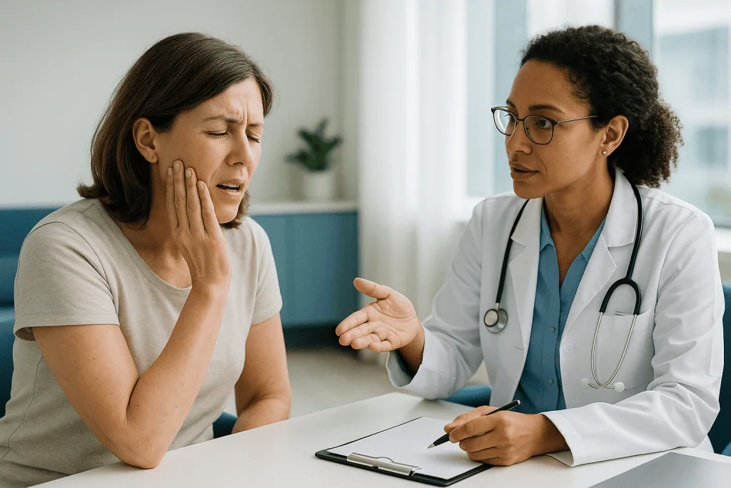 Patient consulting doctor about jaw pain symptoms: Why does my jaw click? TMJ clicking jaw explained